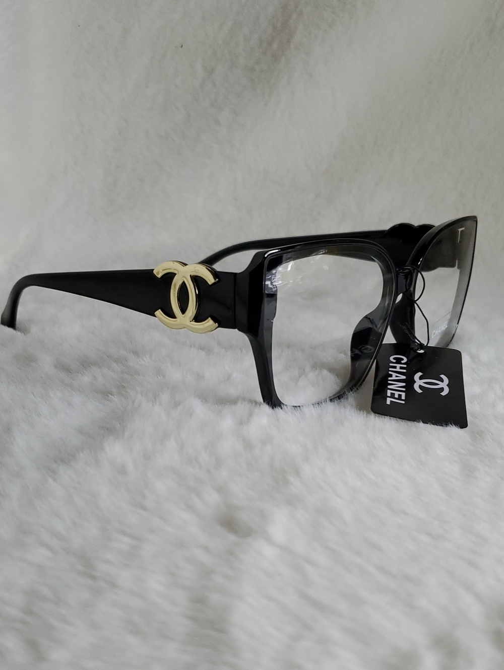 CC Black Oversized Cat-Eye Glasses with Gold Logo